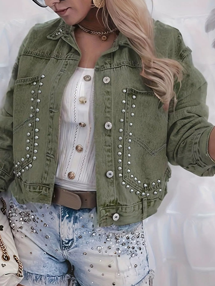 Studded cropped denim jacket with button front