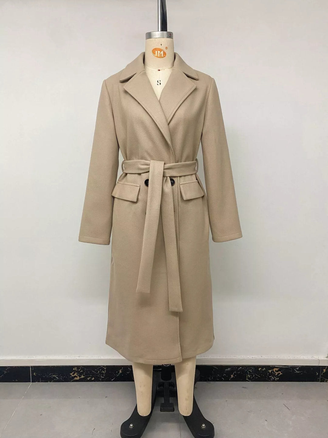 Double-breasted longline coat with notch lapel and tie belt