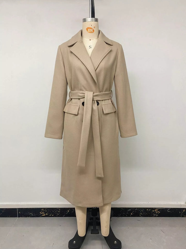 Double-breasted longline coat with notch lapel and tie belt