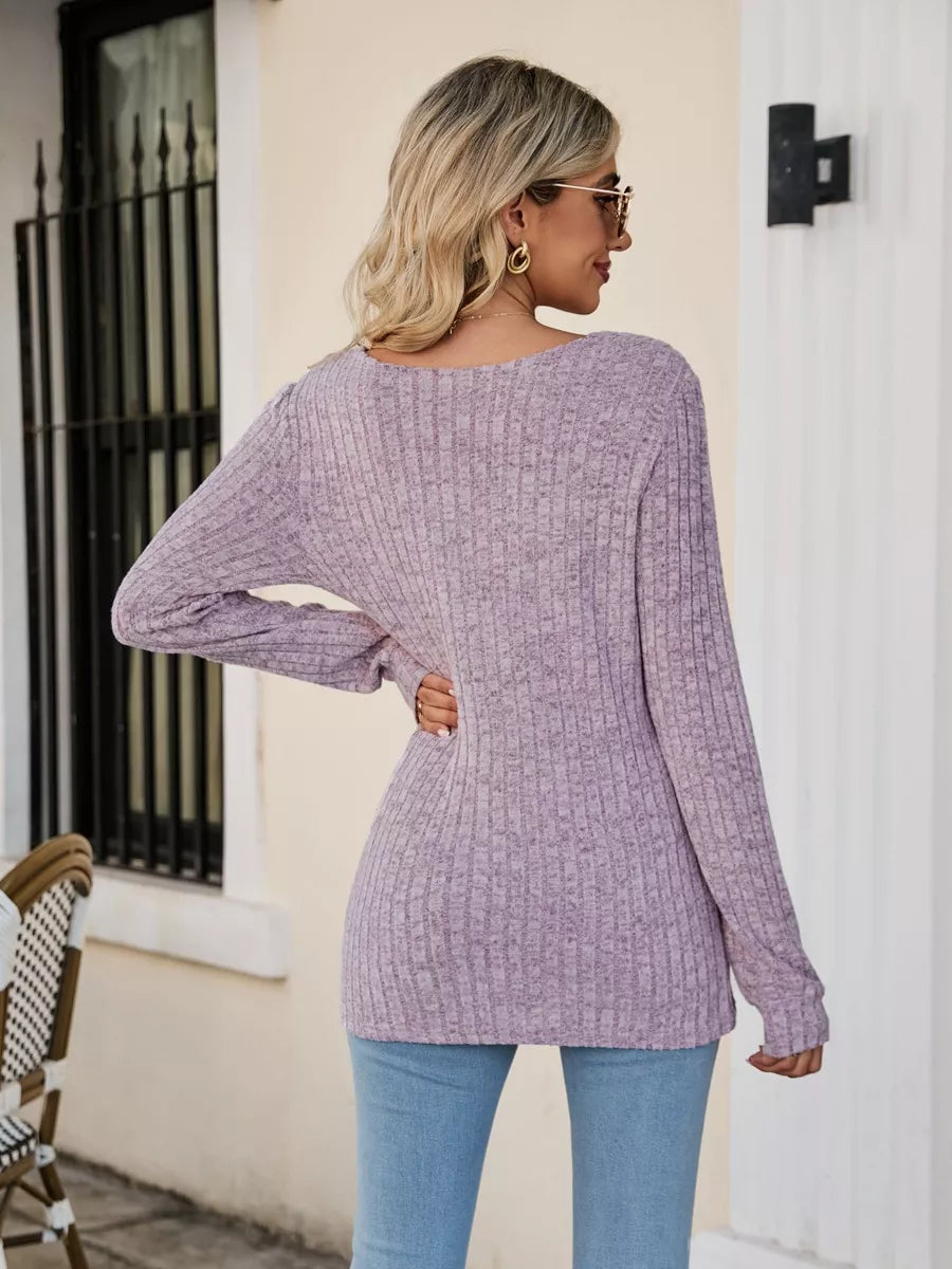 Fitted ribbed square neck long sleeve top