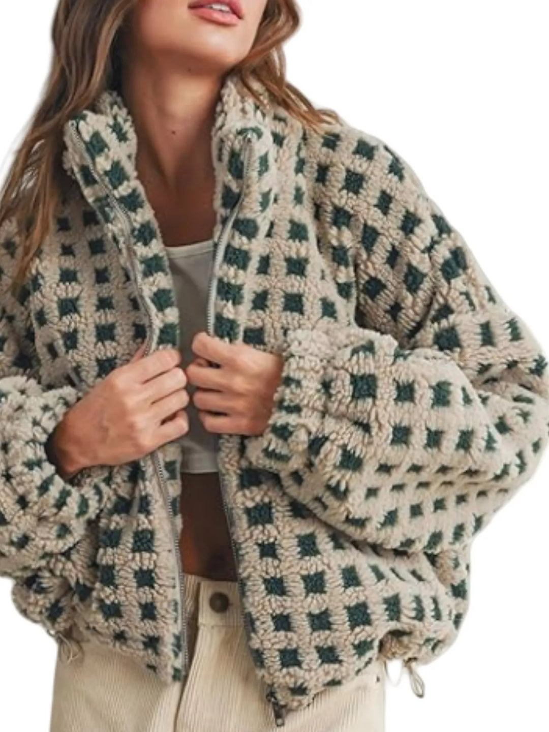 Plaid sherpa zip-up jacket with stand collar and drawstring hem