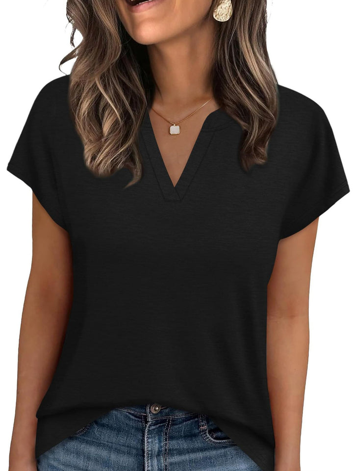 Black Notched V-neck short sleeve relaxed knit top