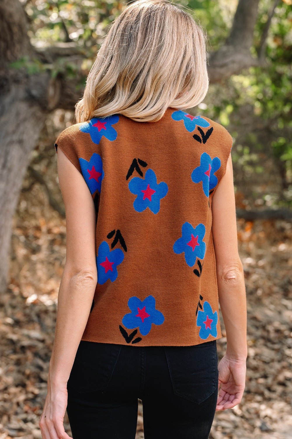 Floral knit mock neck sleeveless sweater vest