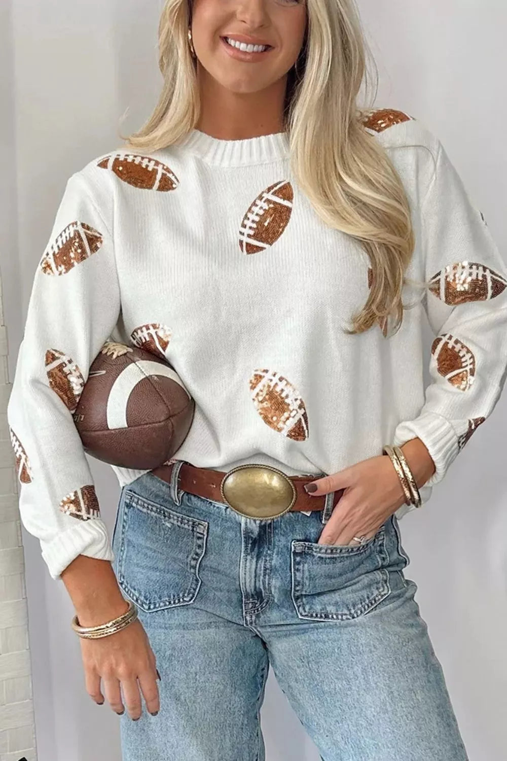 Sequin football knit sweater with ribbed crew neck