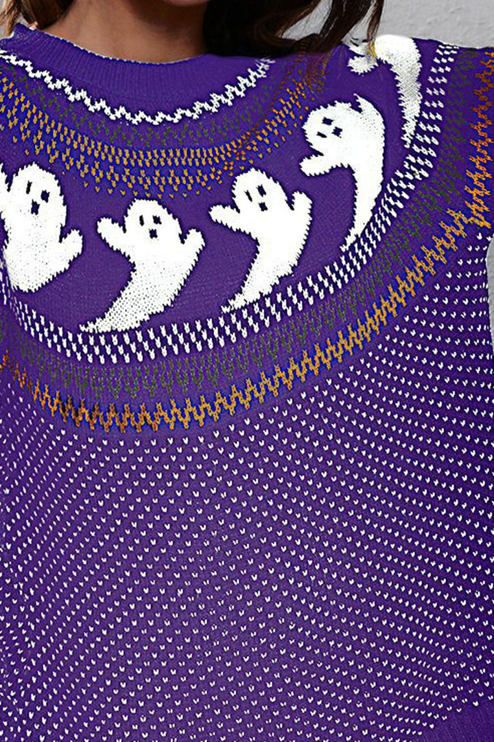 Ghost print Fair Isle knit crew neck pullover sweater
