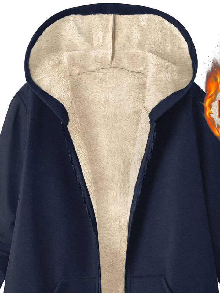 Sherpa-lined hooded zip longline jacket with pockets