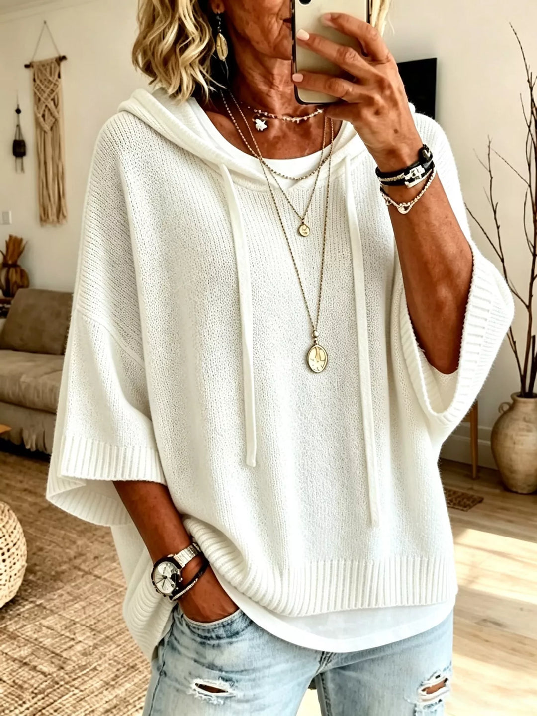 White Oversized hooded sweater with drawstring and ribbed trim