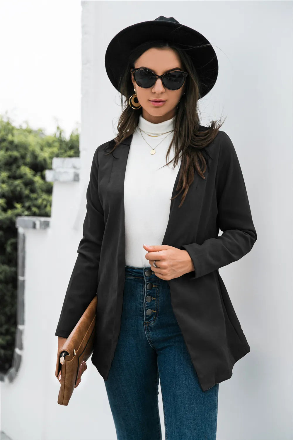 Black Open front shawl collar longline blazer