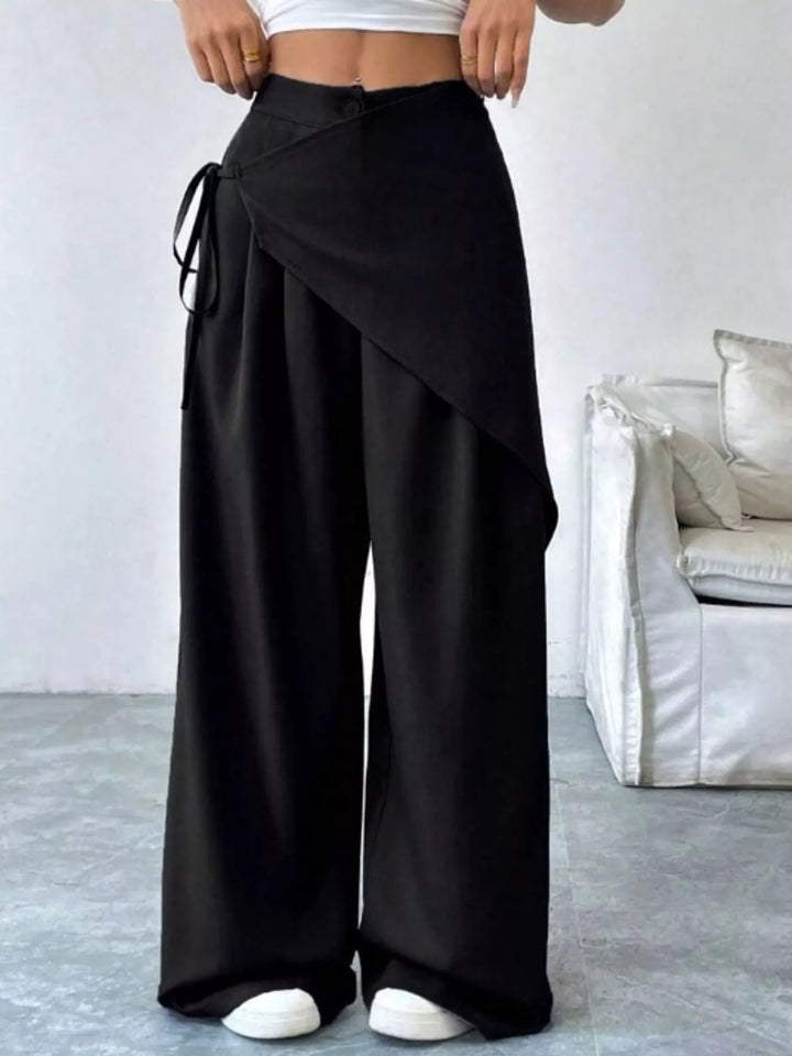 Black High-rise wrap-front wide-leg pants with drawstring tie