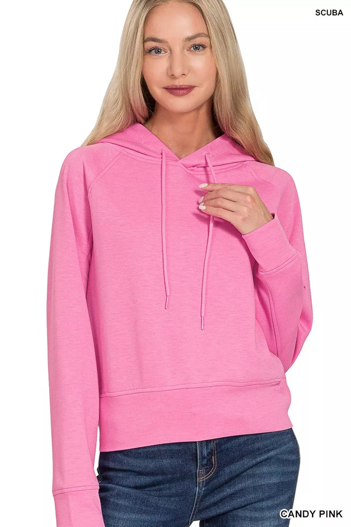 CANDY PINK Scuba knit drawstring pullover hoodie with ribbed hem
