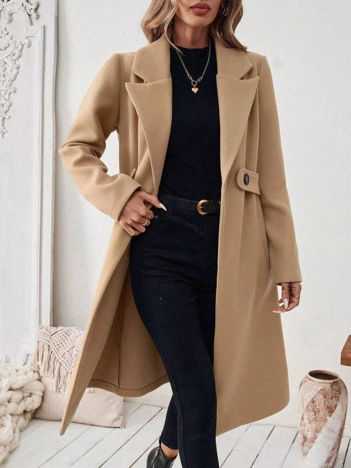 Camel Notch lapel open-front longline coat with side pockets