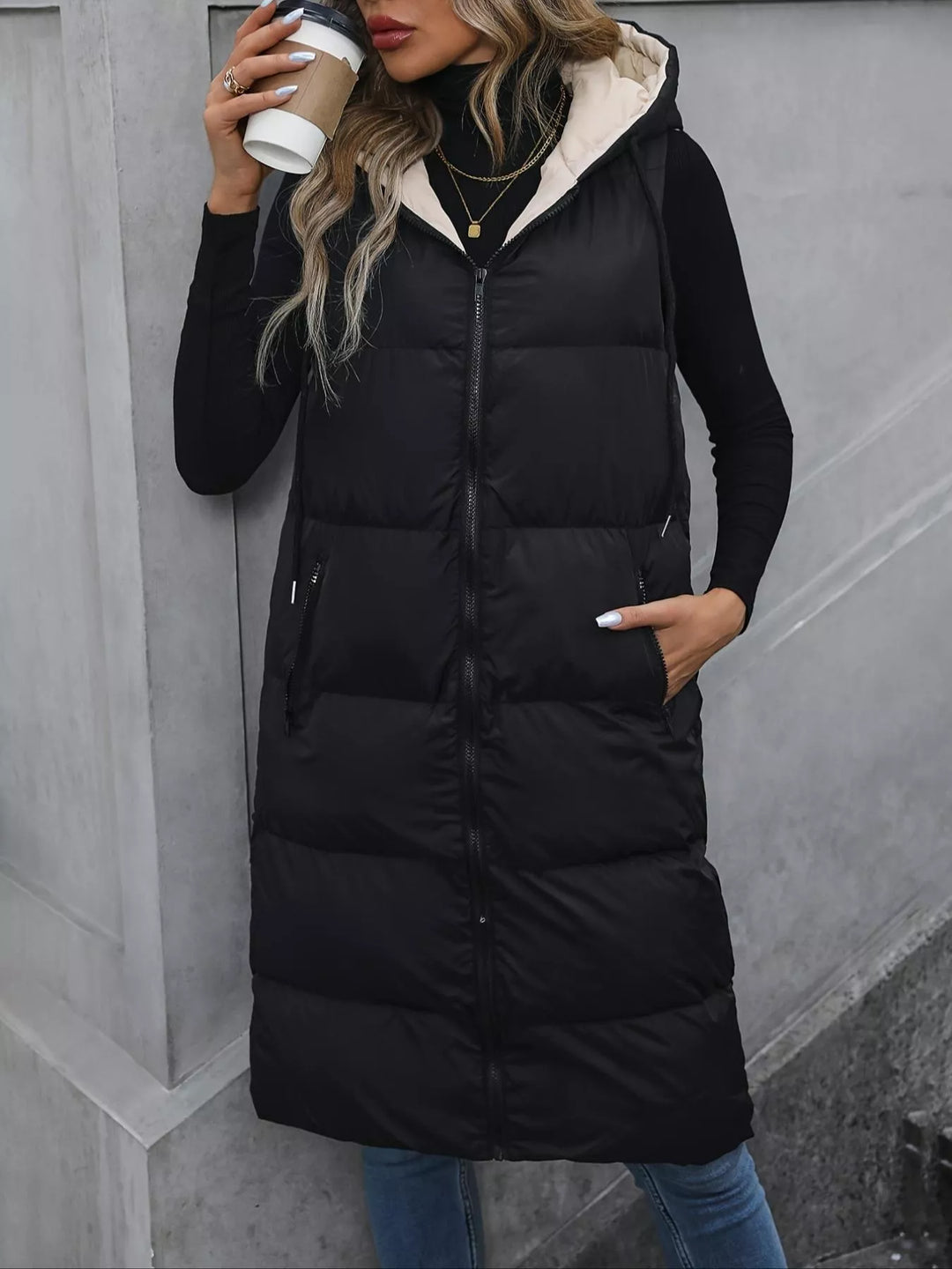 Longline hooded puffer vest with zip pockets