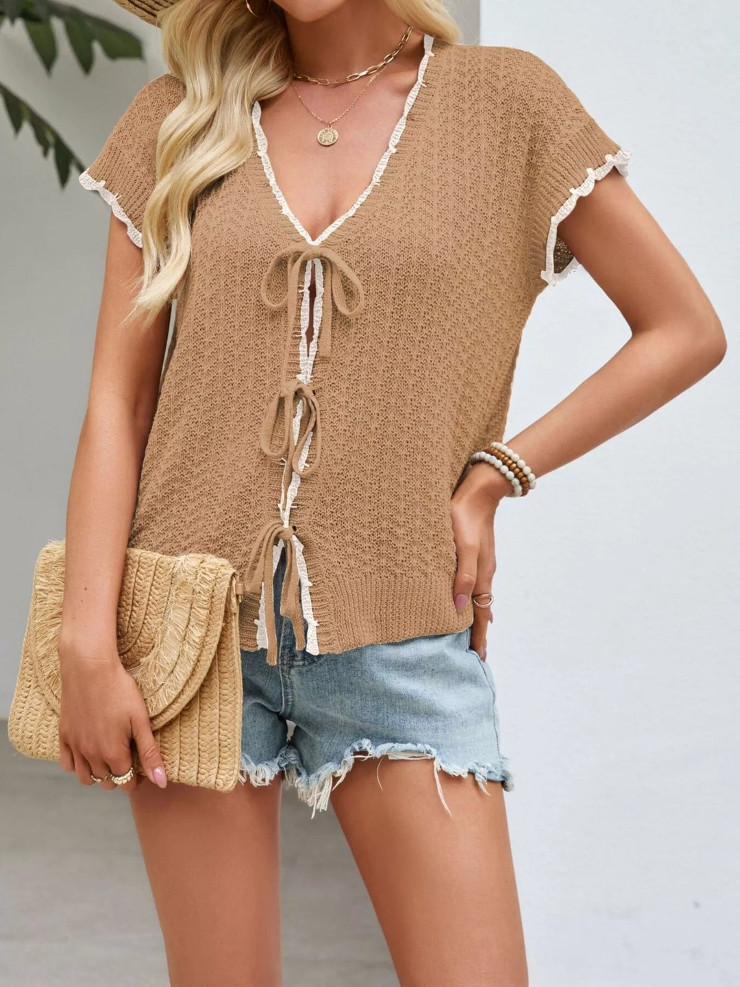 Khaki Tie-front openwork knit top with contrast trim