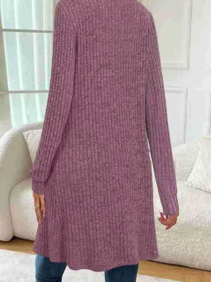 Ribbed knit open-front longline cardigan with pockets