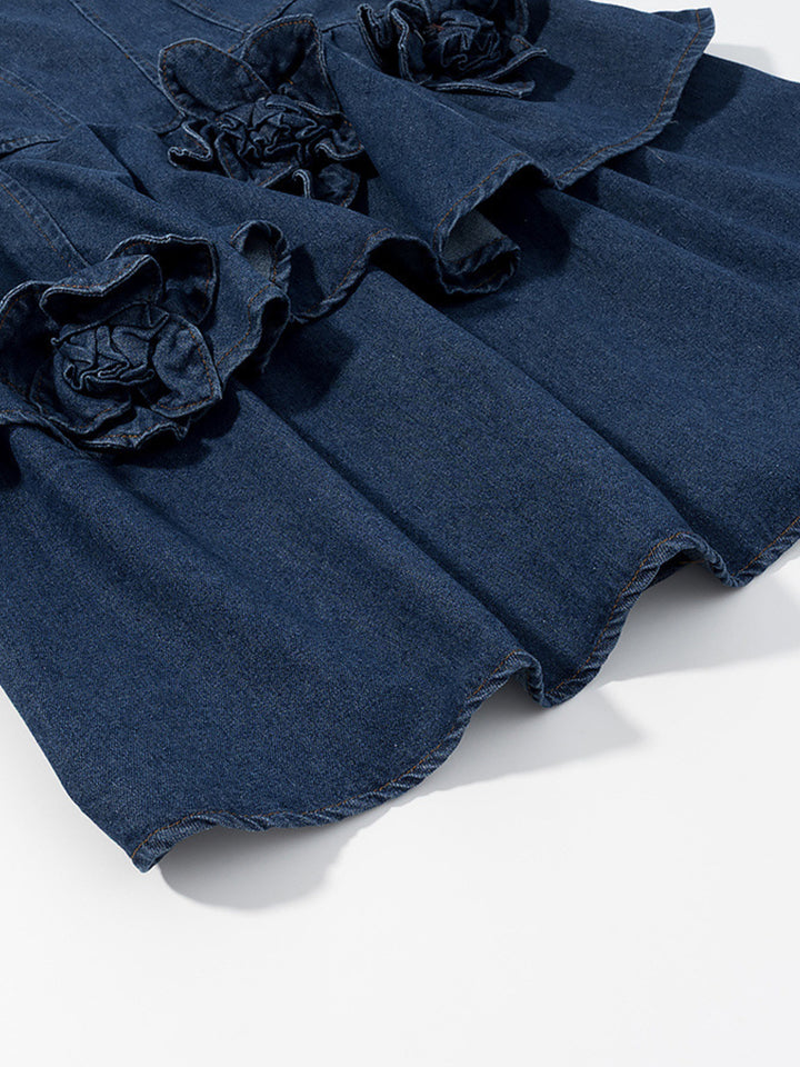 Tiered ruffle denim mini dress with rose appliqués