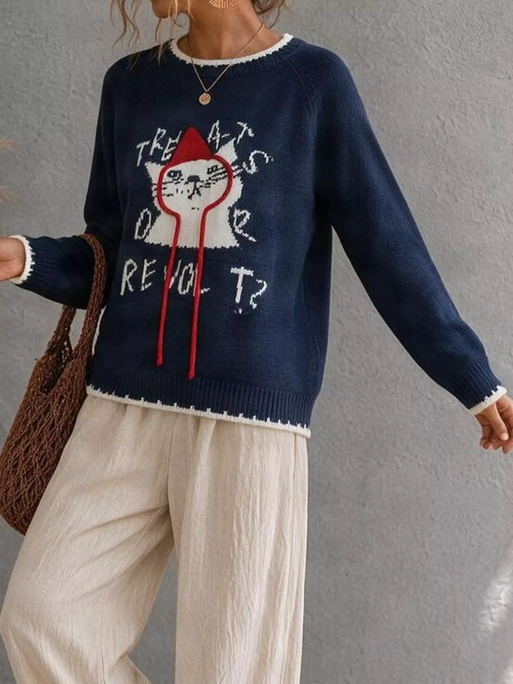 Cat graphic raglan sleeve knit sweater with contrast trim