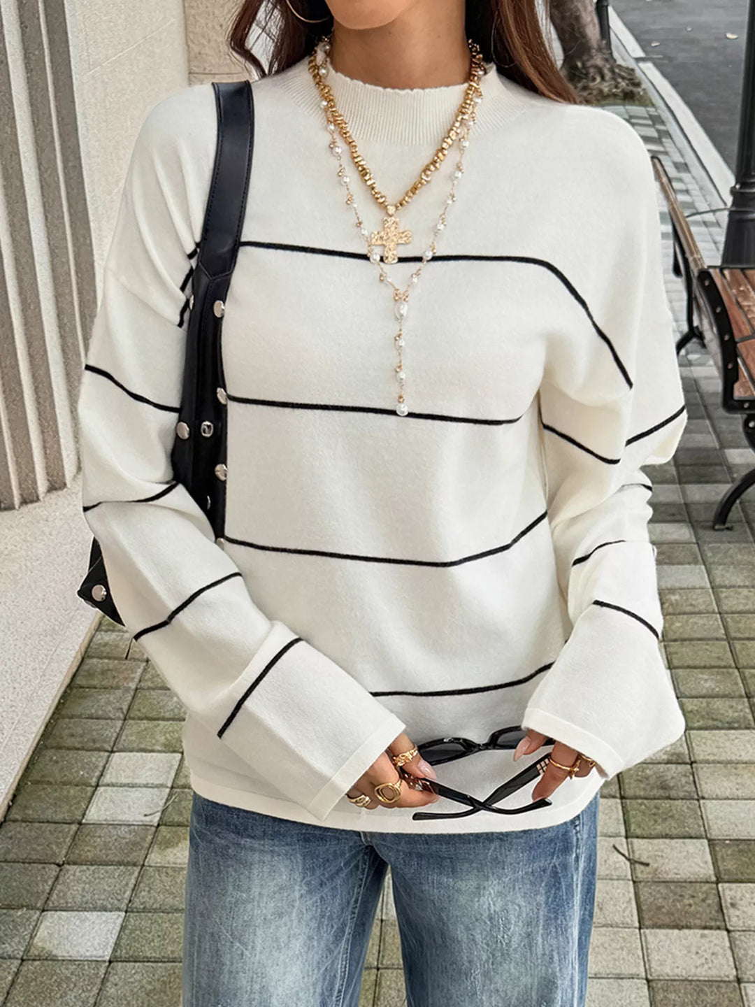 Striped mock neck sweater with drop shoulder sleeves