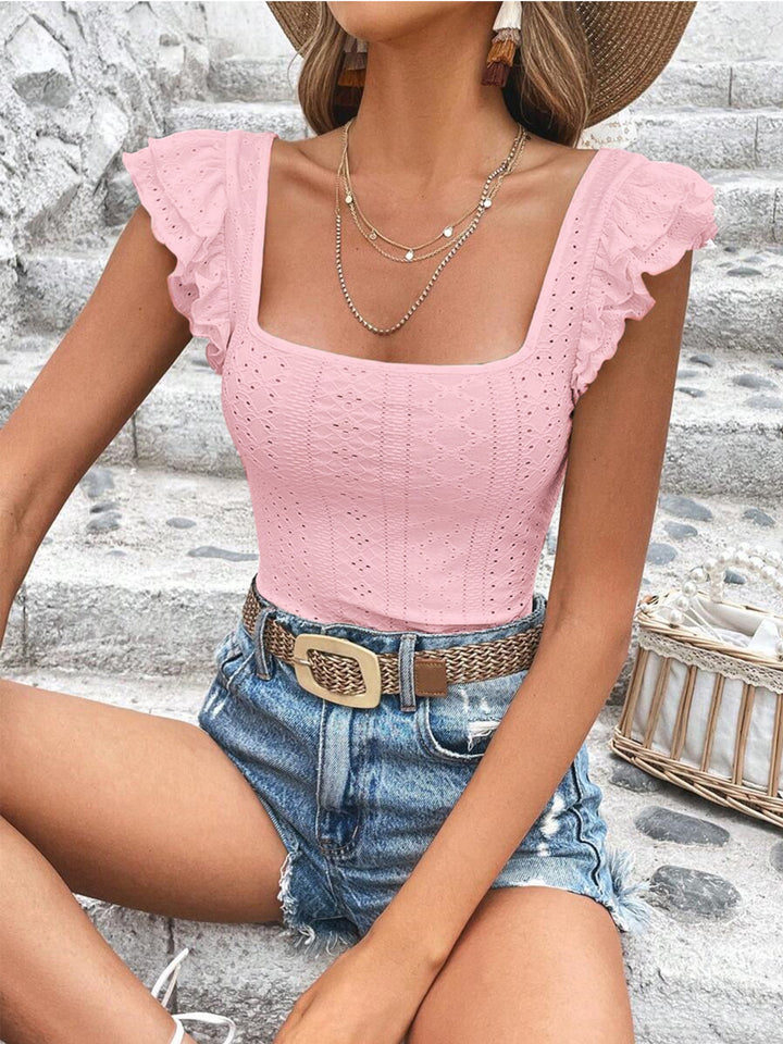 Square neck eyelet top with ruffle cap sleeves