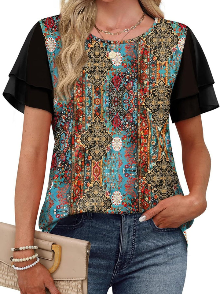 Layered leopard ruffle sleeve round neck top