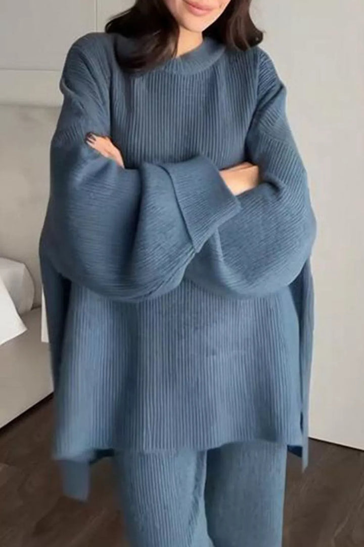 Ribbed knit dropped shoulder sweater and wide leg pants set