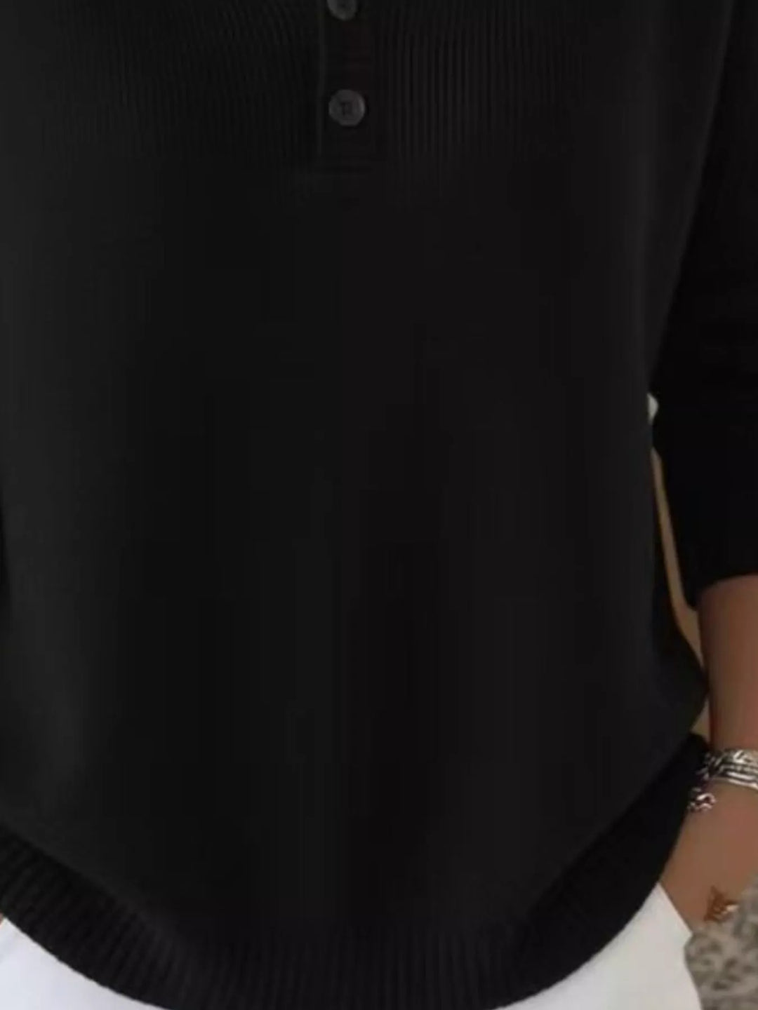 Henley button knit sweater with ribbed trim