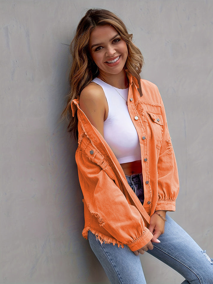 Distressed drop shoulder denim jacket with fringe hem