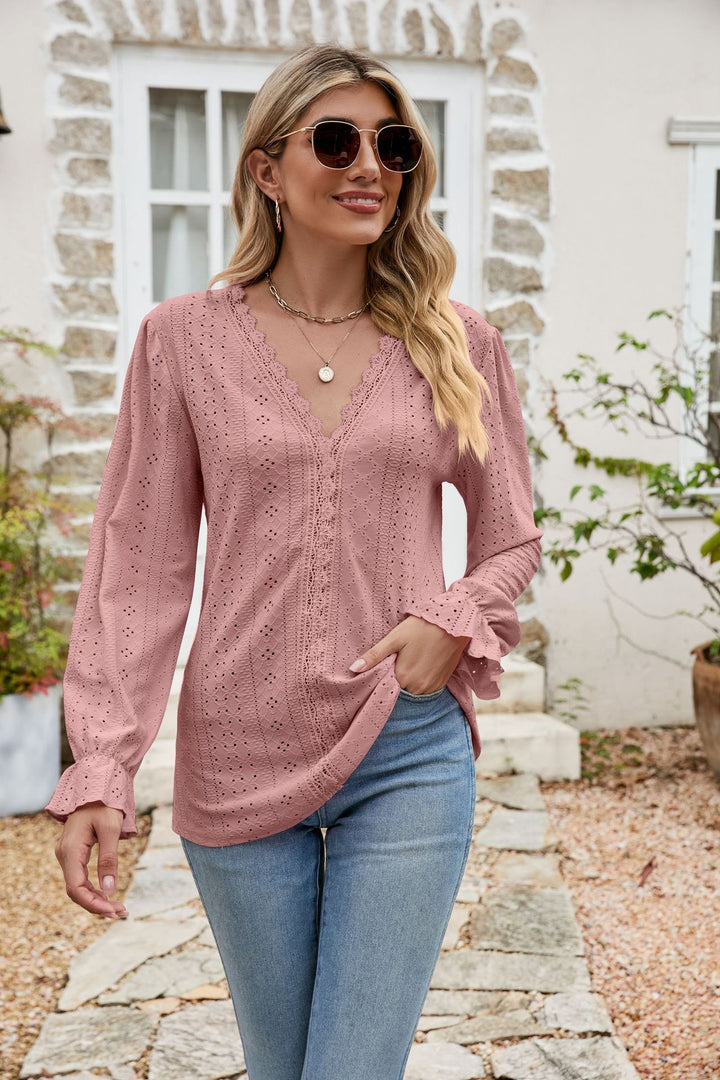 Dusty Pink Eyelet lace-trim V-neck blouse with flounce sleeves