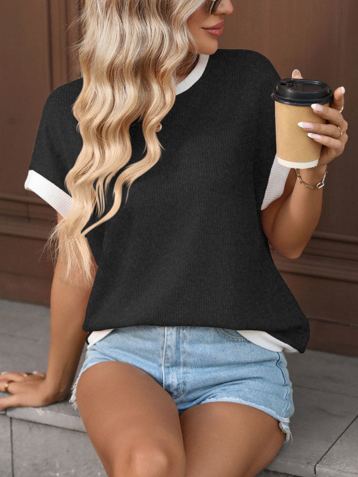 Black Gray Ribbed knit short sleeve top with contrast trim
