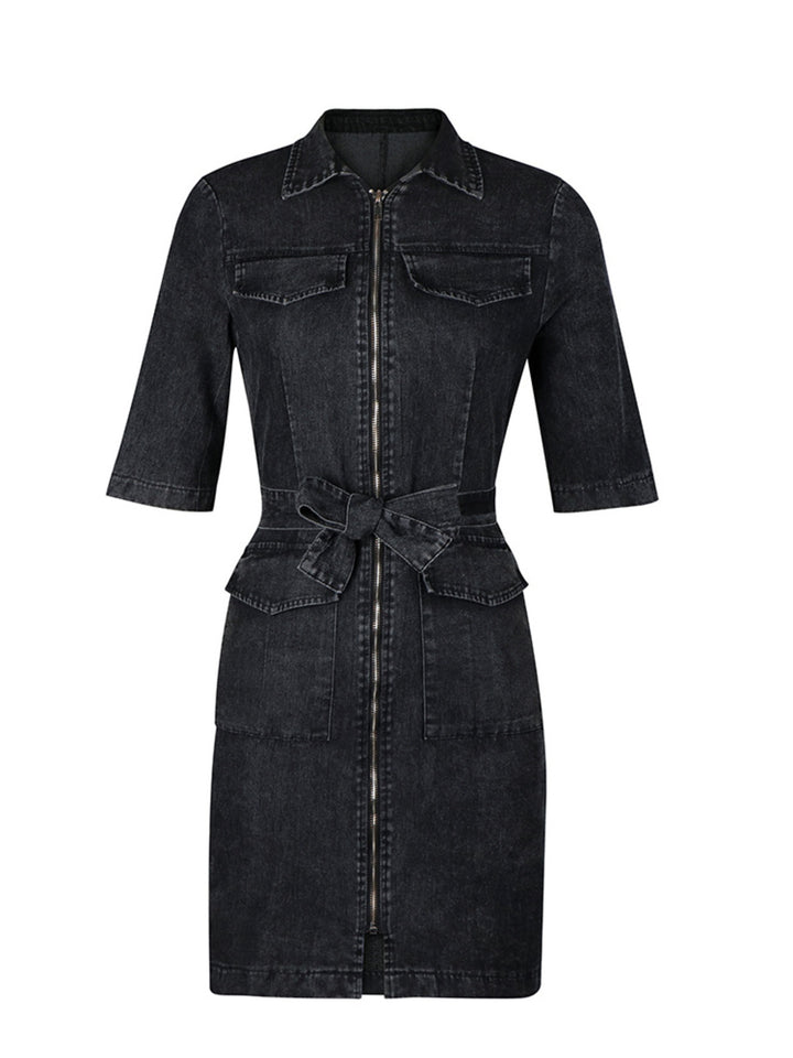 Zip-front tie-waist short sleeve denim mini dress