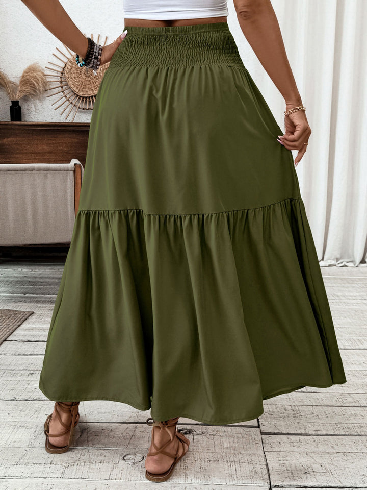 Smocked high-waist tiered ruffle maxi skirt