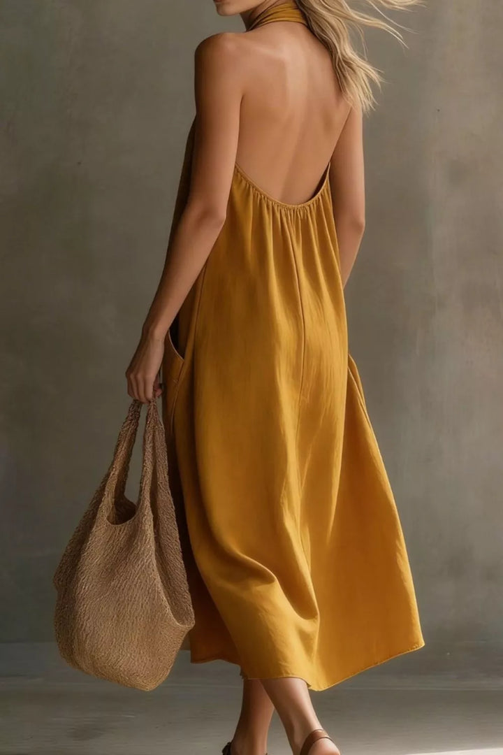 Relaxed halter neck midi dress with patch pockets