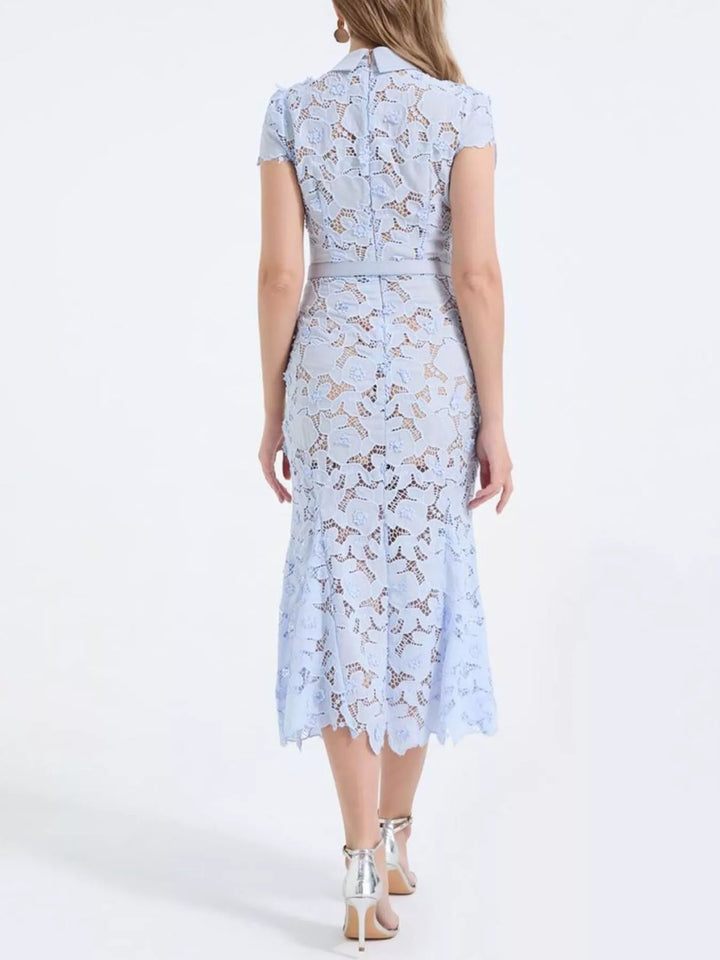 Floral lace midi dress with collar and belted waist
