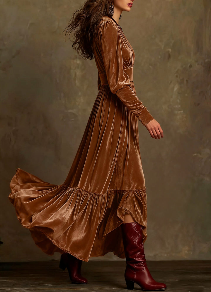 Velvet tiered ruffle maxi dress with plunging V-neck