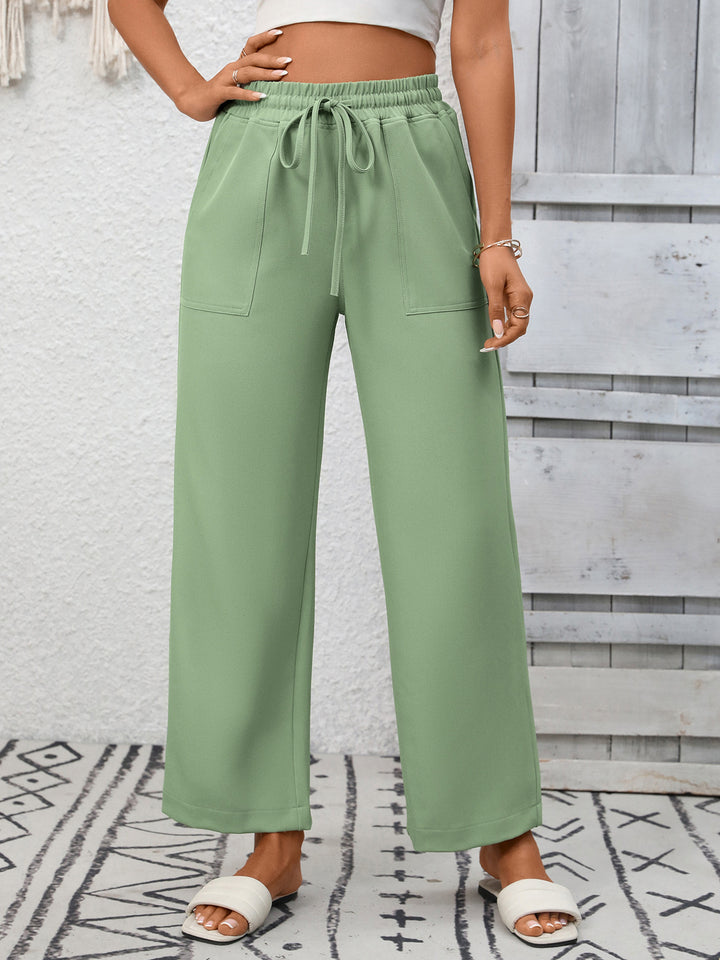 Green Drawstring wide leg pants with patch pockets