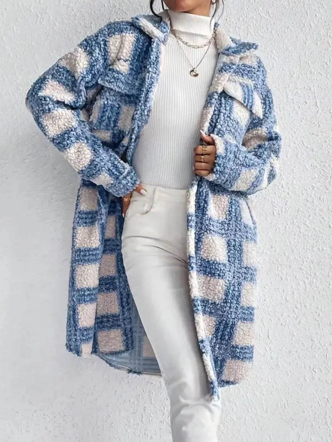 Plaid sherpa fleece button-up longline coat with collar