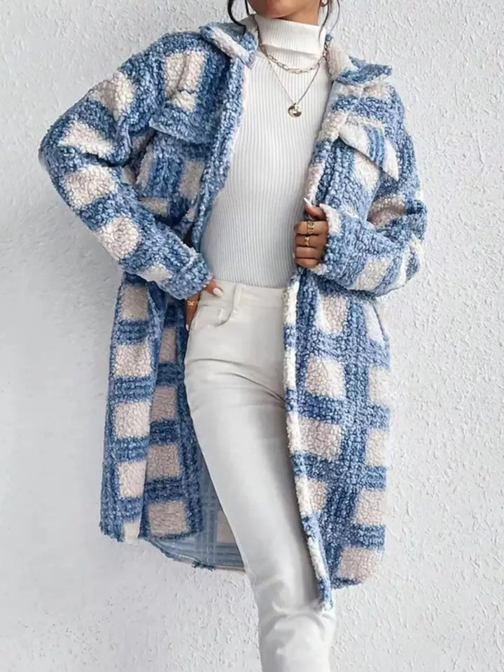 Plaid sherpa fleece button-up longline coat with collar