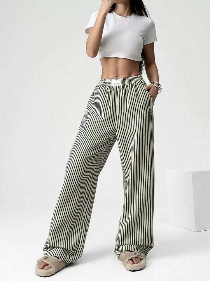 Striped high-waist wide-leg pants with drawstring