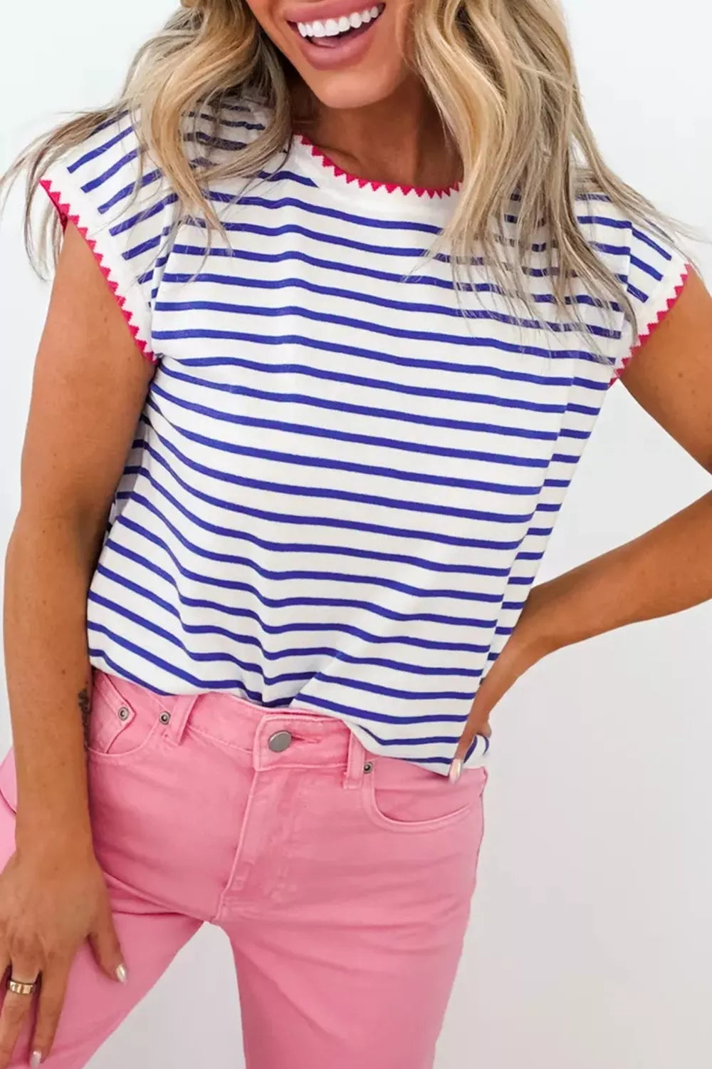 Stripe Striped cap sleeve tee with contrast zigzag trim