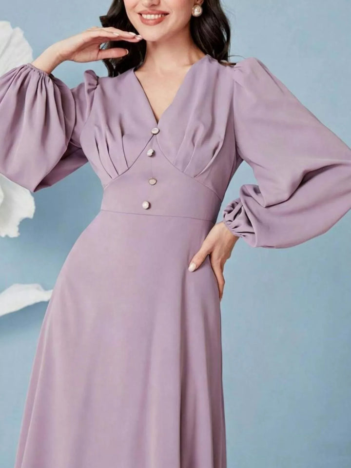V-neck balloon sleeve maxi dress with button bodice