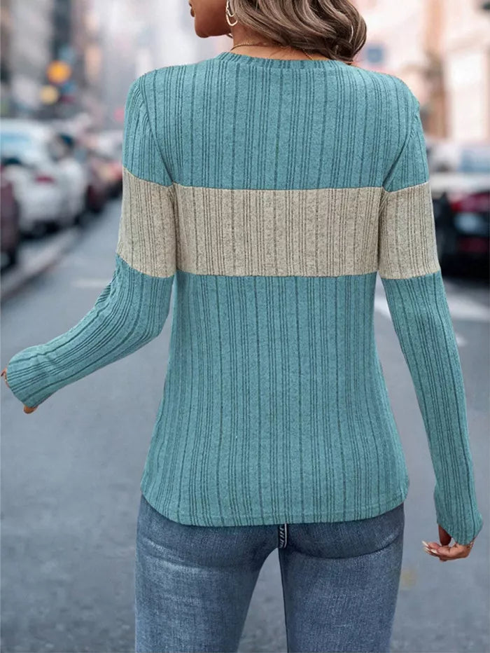 Color block ribbed knit long sleeve crew neck top