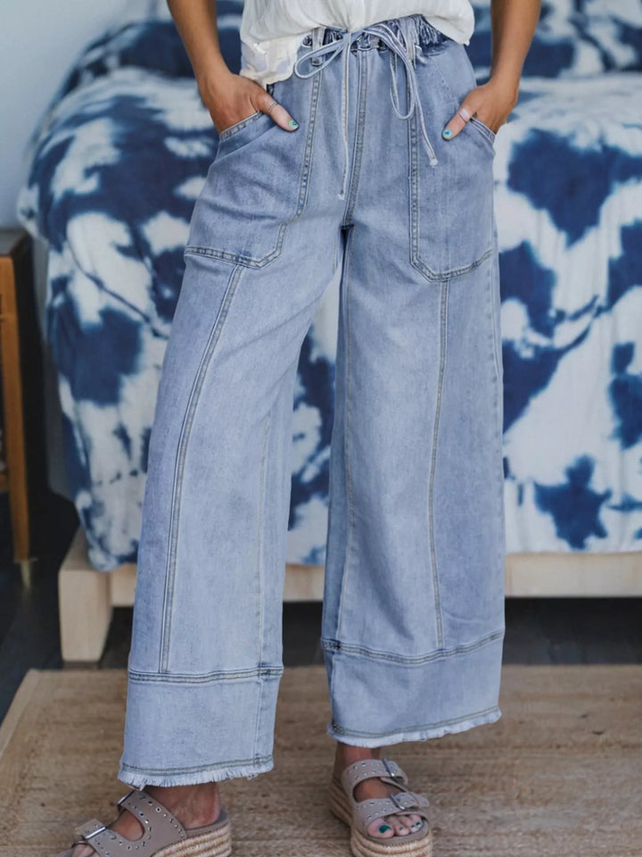 Light Blue Wide-leg drawstring jeans with raw frayed hem