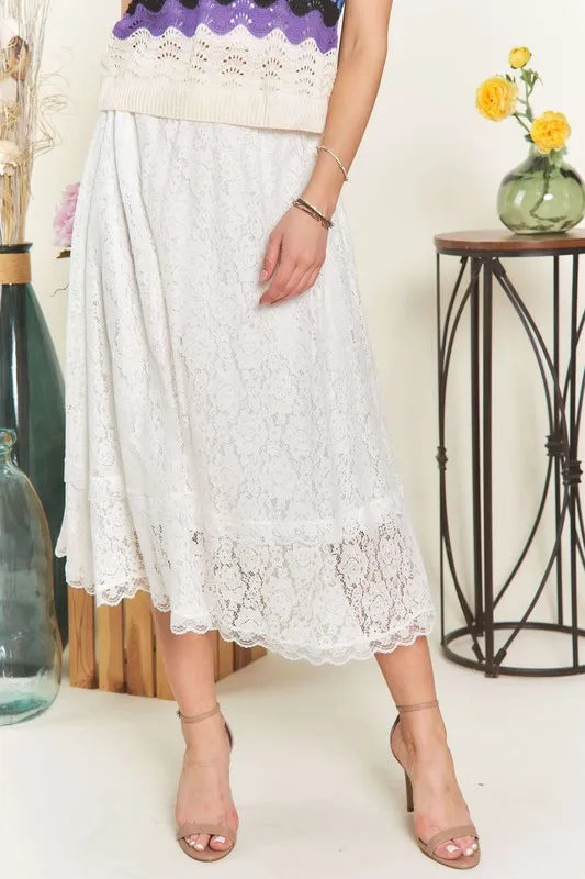 Floral lace A-line midi skirt with scalloped hem