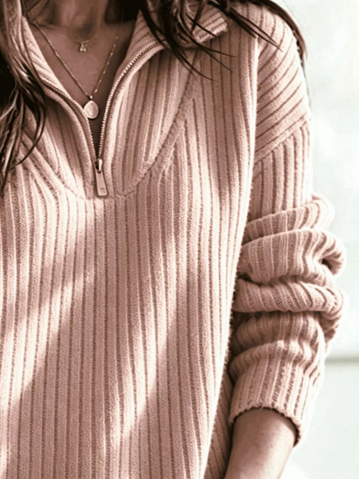 Half-zip ribbed textured knit pullover sweater