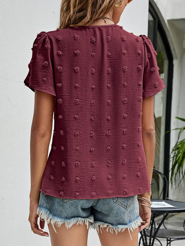 Swiss dot petal sleeve top with pleated round neck