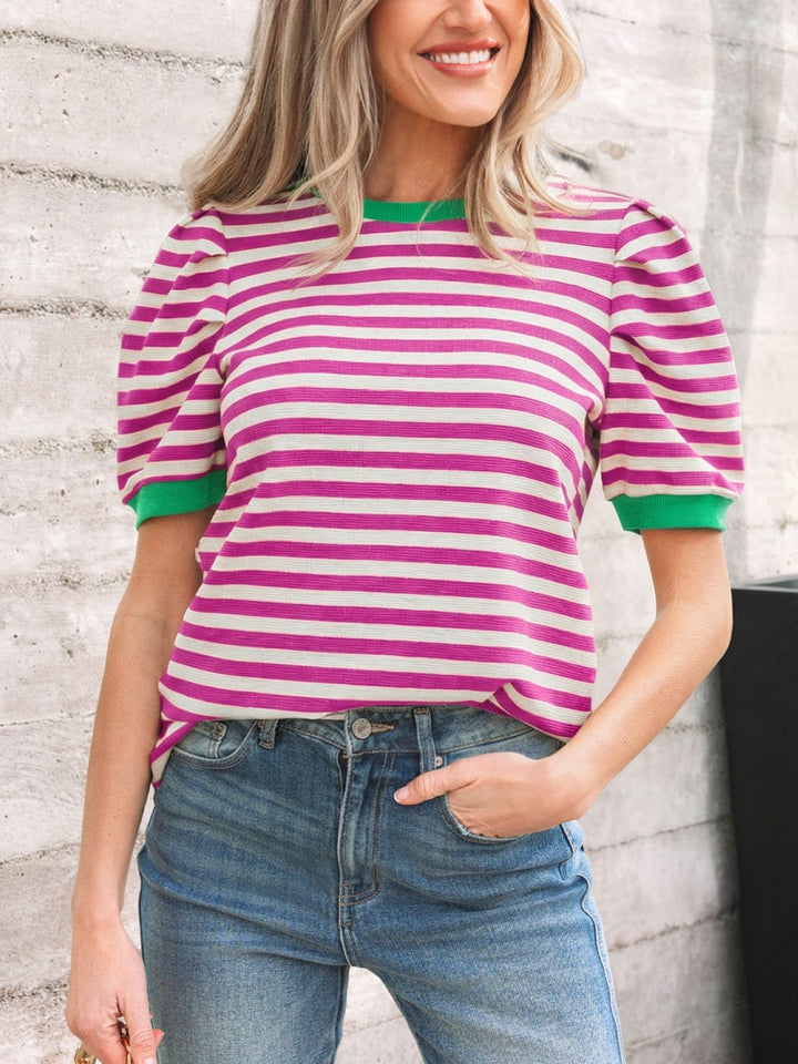Striped puff sleeve tee with contrast ribbed trim