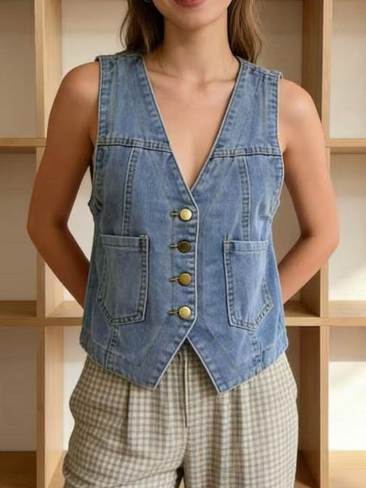 Button-down denim vest with patch pockets