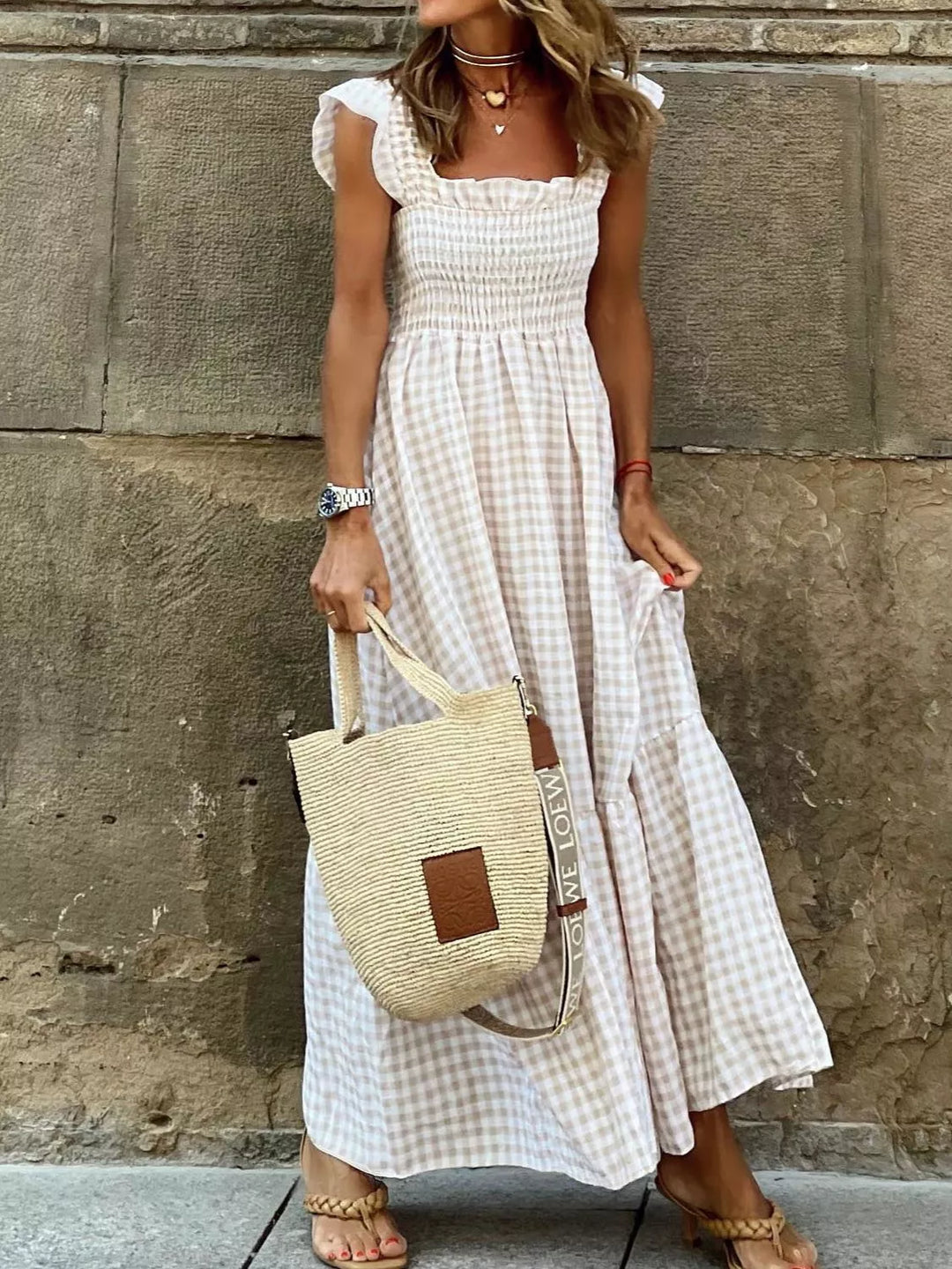 White Gingham smocked ruffle maxi dress with flutter sleeves
