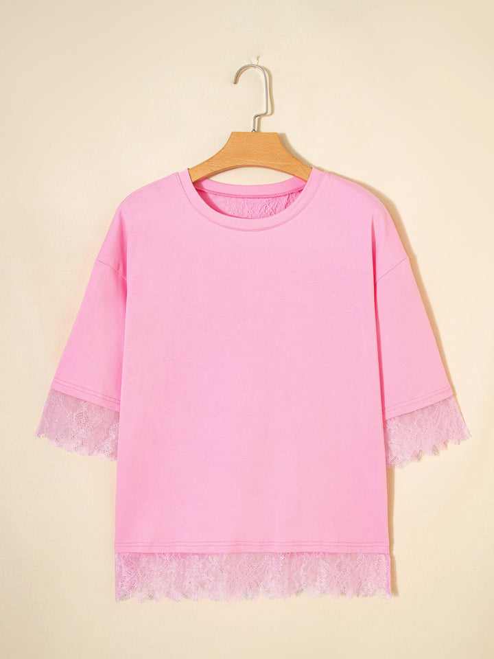 Oversized tee with floral lace back and sleeve trim