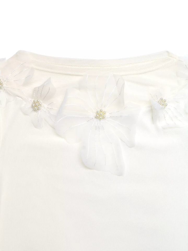 Floral appliqué mesh yoke long sleeve top