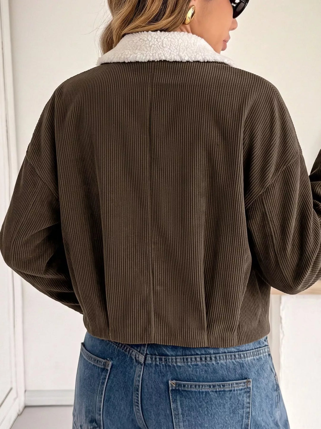 Corduroy zip-up jacket with sherpa collar and snap placket